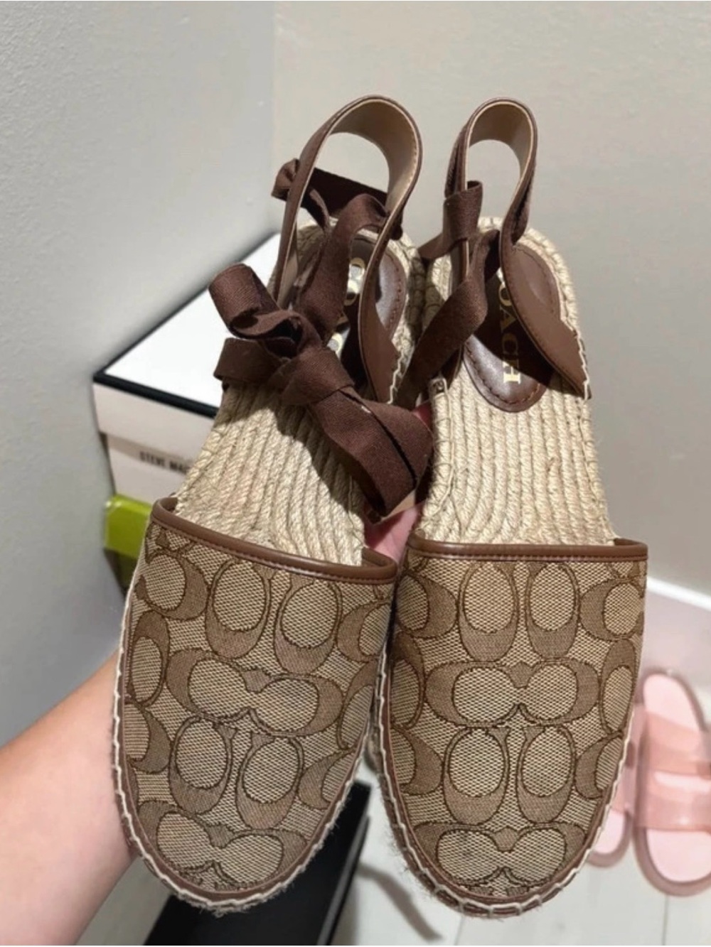 Coach Taupe Signature Canvas Espadrille Wedges with Brown Ribbon Ties